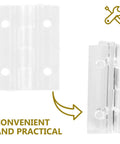 Clear Acrylic Door Hinges Set For Cabinets, Small Butt Hinges shown in transparent PC material with installation icon, 2 pack