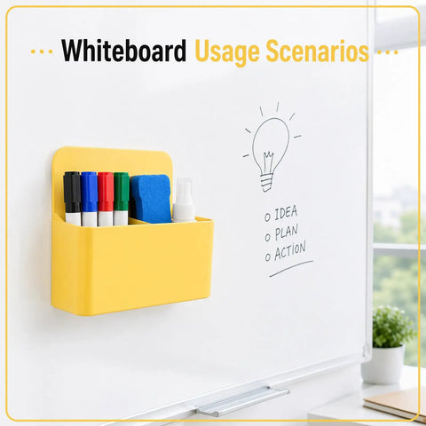 Yellow magnetic pen holder with markers and eraser on whiteboard. 6 Pack Magnetic Pen Holder Set For Whiteboards And Fridges shown.