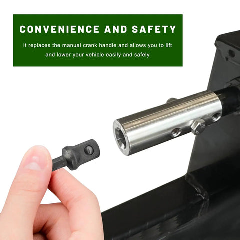 Beefed Up Trailer Jack Drill Adapter And Crank Handle Attachment Kit Featuring Half Inch Socket Converter Plus Fast Install Electric Drill Connector For One Inch Drive Shafts Camping Must Have showing the socket adapter fitting into a trailer jack.