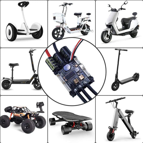 Dope 50A Mini FSESC 4.20 Electric Skateboard Speed Controller with Aluminum Heat Sink surrounded by electric vehicles