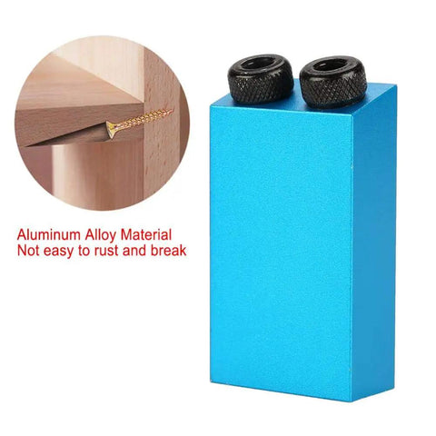 Pocket Hole Jig Kit For Woodworking With 15 Degree Oblique Hole Locator, aluminum alloy body close-up, against wooden joint.