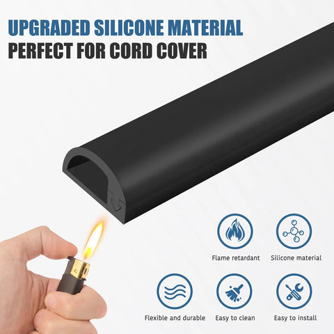 Super Sleek Silicone Wall Cable Track With Side Access Lid For Heavy Duty Wire Clutter Zero Sweat Peel Stick Mount For Living Room Entertainment Center Directly On Drywall Safe Storage, featuring flexible black silicone material.