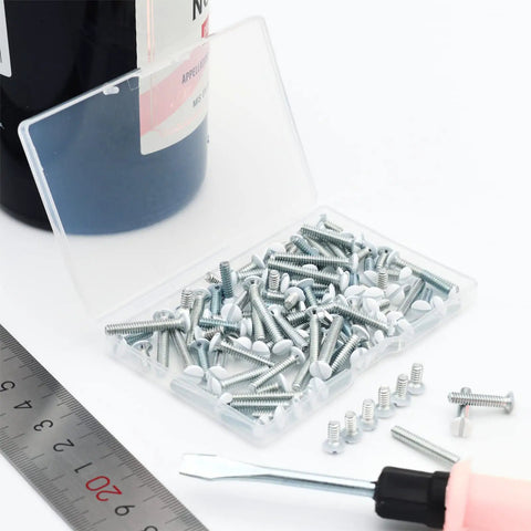 Open box of 100 white wall plate screws with ruler and screwdriver, featuring four length sizes: 3/8, 1/2, 3/4, 1 inch.