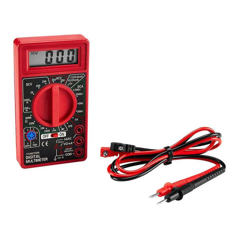 Red digital multimeter with probes, featuring a clear LCD screen for 7 Function Digital Multimeter For Pro Grade Electronic Measurements And Tests With Auto Zero And Easy Read LCD AC DC Voltage DC Current Resistance Continuity Transistor And Battery Test Handy Volt Meter For DIY Electronics.