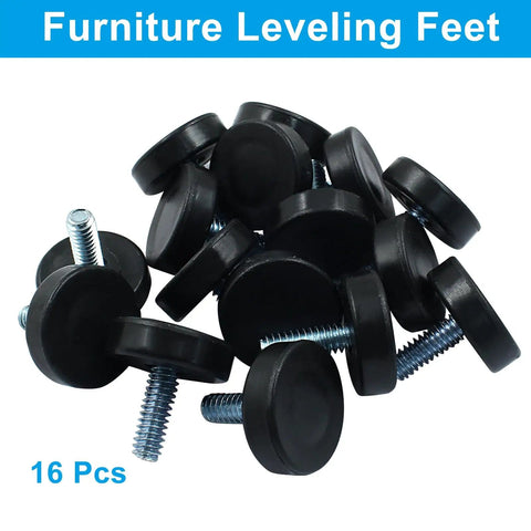 16 Piece Adjustable Furniture Leveling Feet Set For Tables And Chairs With One Quarter Inch Threads, Zinc Plated Bases, Durable Rubber Pads, Easy Height Adjustment For Indoor And Patio Use