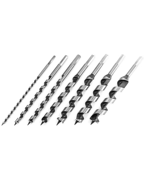 Heavy Duty 7 Piece Auger Drill Bit Set Featuring 9 Inch Hardened Alloy Steel Construction in varying sizes for wood boring.