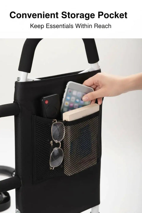 Dual Handle Bed Rail for Seniors With Padded Grips, Storage Pocket, and 300 Lbs Capacity, showing storage pocket with items