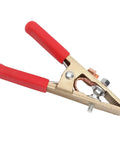 Heavy Duty 300A Welding Ground Clamp With Solid Brass Construction And Wide 45mm Jaw Opening, featuring red grips and solid brass build.
