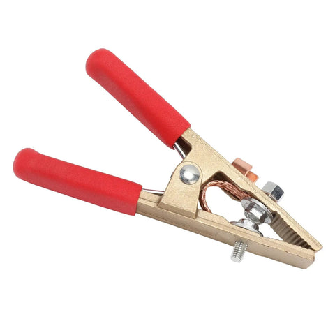 Heavy Duty 300A Welding Ground Clamp With Solid Brass Construction And Wide 45mm Jaw Opening, featuring red grips and solid brass build.