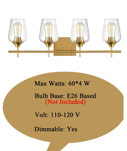 Industrial 4 Light Vanity Fixture With Clear Glass Bath Wall Sconces In Dope Gold Finish, Mid Century Inspired Vibe For Modern Bathrooms