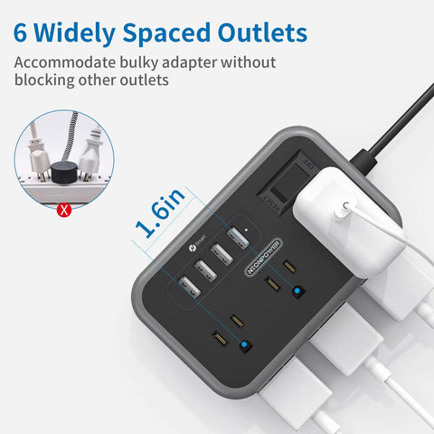 2 Pack 6 Outlet Power Strip With Four USB Ports And Flat Plug Five Foot Extension Cord Overload Protection Wall Mountable Ultra Compact Charging Hub - top view demonstrating 6 widely spaced outlets and USB ports.