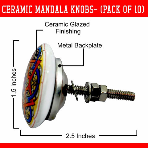 Ceramic Cabinet Knobs Set With Vintage Look Hand Painted Multicolor Mandala Designs side view dimensions 1.5 x 2.5 in