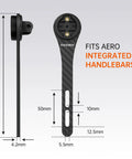 Out Front Handlebars Mount For Garmin GPS Bike Computer And Action Camera On Carbon Fiber Road Bike Rig Compatible With Hammerhead Karoo COOSPO And iGPSPORT, side and front view with dimensions.