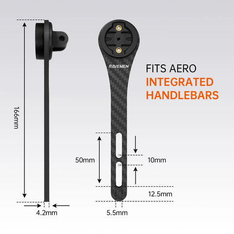 Out Front Handlebars Mount For Garmin GPS Bike Computer And Action Camera On Carbon Fiber Road Bike Rig Compatible With Hammerhead Karoo COOSPO And iGPSPORT, side and front view with dimensions.