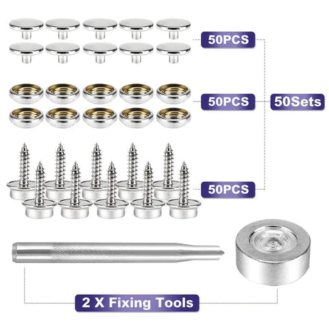 Marine Grade Stainless Steel Canvas Snap Kit With 150 Pc Heavy Duty Fasteners And 2 Pc Setting Tools for boat covers and upholstery.