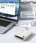 Rugged USB 2.0 PCMCIA Card Reader for 68-Pin PC Cards and ATA connected to laptop, showcasing plug and play hot swap feature.