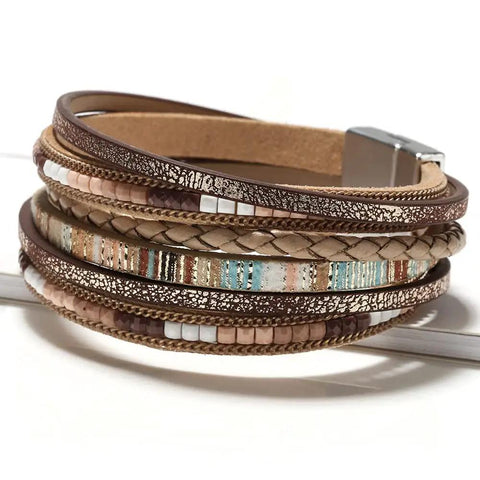 Totally Fire Leather Wrap Bracelet For Women Featuring Super Comfy Braided Leather Straps And Mixed Brown Beads With A Boho Western Layered Cuff Look That Gets Compliments Every Single Day, displaying stacked leather straps and mixed beads.