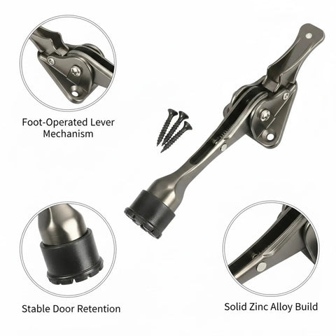 Foot Activated Door Stop With Weighted Base For Hands Free Entry durable zinc alloy with screws and pedal mechanism