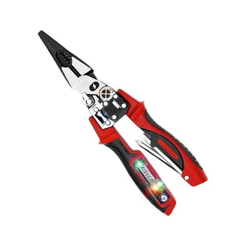 Pro Grade Wire Stripping Tool With Built-In Electricity Tester showing ergonomic red and black grip