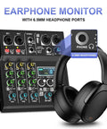 XR4 Pro 4 Channel DJ Mixer With Built In DSP 99 Effects Bluetooth 5.0 USB Recording Karaoke Ready For Live Performances Portable Design OTG Streaming And 48V Phantom Power with headphones showcasing earphone monitor feature