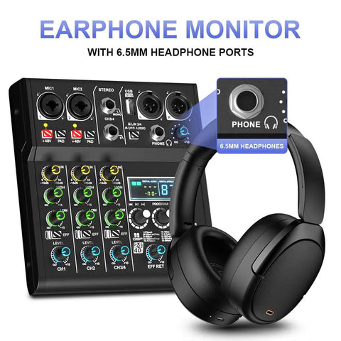 XR4 Pro 4 Channel DJ Mixer With Built In DSP 99 Effects Bluetooth 5.0 USB Recording Karaoke Ready For Live Performances Portable Design OTG Streaming And 48V Phantom Power with headphones showcasing earphone monitor feature