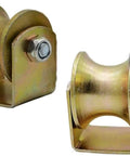 Heavy Duty U Groove Caster Wheels Two Pack With Double Bearing Pulleys For Iron Sliding Doors and Wire Rope Rails, close-up of gold plated pulleys.