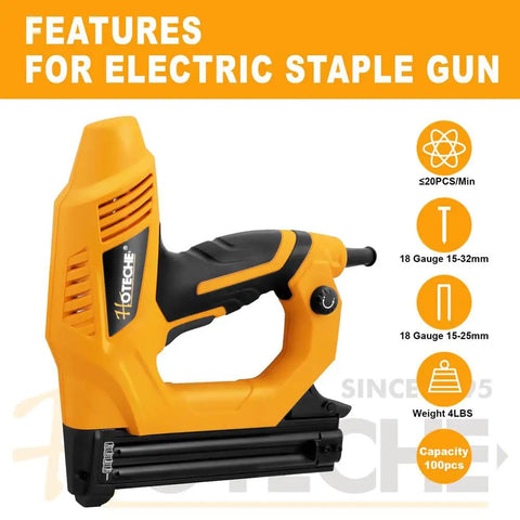 Pro Grade 18 Gauge Electric Brad Nailer And Stapler Workhorse featuring a yellow ergonomic design and adjustable depth dial for comfort.