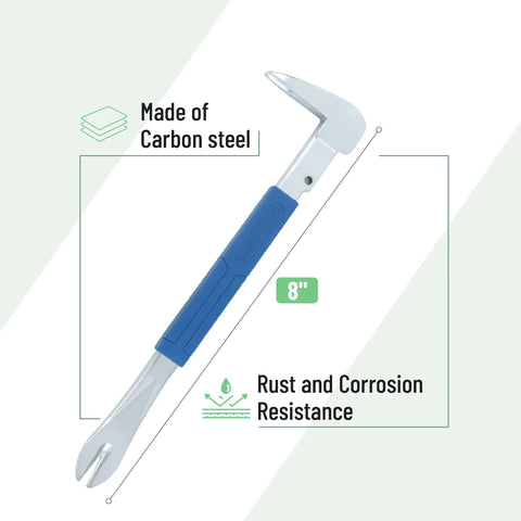 Cat's Paw Nail Puller Tool 8 Inch Built Tough Forged Steel with No Slip Cushion Grip shown with rust resistance