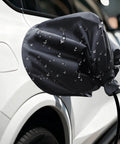 Universal EV Charger Port Cover With Heavy Duty Magnetic Seal Straight Up Waterproof Rain Snow Dust Proof Electric Vehicle Charging Plug Protector, close-up on car with water droplets.