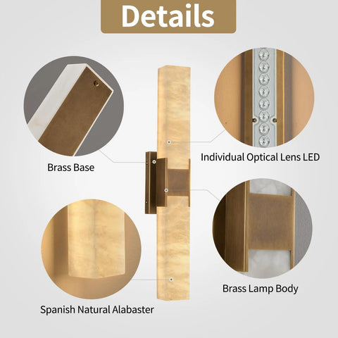 Natural Alabaster Brass Wall Sconce, Modern Indoor Bathroom Vanity Light with brass base and LED features.