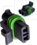 Close-up of Metri Pack 280 Series 2 Way Waterproof Connector Kit with 10 12 AWG Terminals showing green seals