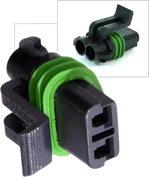 Close-up of Metri Pack 280 Series 2 Way Waterproof Connector Kit with 10 12 AWG Terminals showing green seals