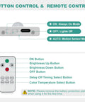 Diagram of button and remote controls for Ultra Thin 60cm Under Cabinet Lights With 106 LEDs No Fuss Rechargeable 5000mAh Battery Motion Sensor Auto On Indoor Lighting For Cupboard And Kitchen 3 Color Stepless Dimming Easy Install Long Lasting.