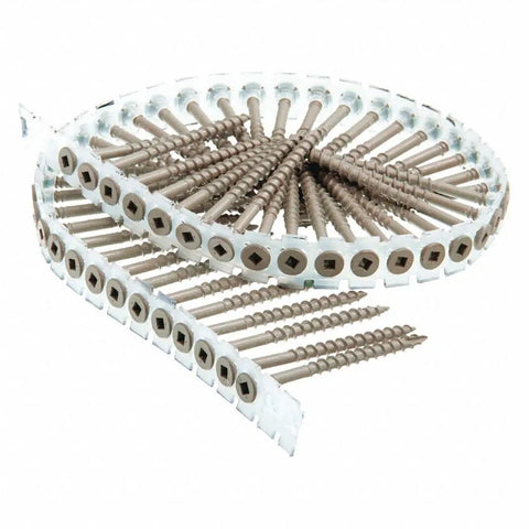 Coiled strip of Workhorse Heavy Duty No 8 3 Inch Deck Screws Galvanized Steel Square Drive Bugle Head for wood decking