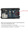 Premium Top Shelf Heavy Duty DC Volt And Amp Meter With Hall Effect Sensor showing the button on the back for mode switching.
