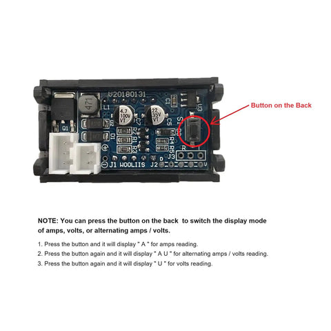 Premium Top Shelf Heavy Duty DC Volt And Amp Meter With Hall Effect Sensor showing the button on the back for mode switching.