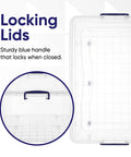 Premium Clear Wheeled Storage Bins With Lids Heavy Duty Stackable Plastic Containers Bpa Free showing sturdy blue locking lids.