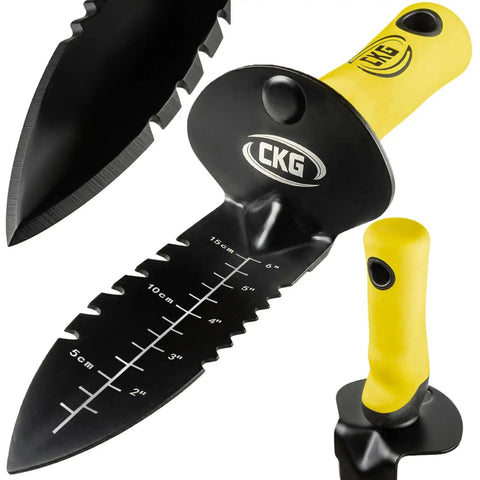 Close-up of Beefy Heavy Duty Metal Detector Shovel With Double Serrated Edge showing measurement markings and yellow handle.