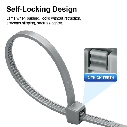 Close-up of self-locking design on 8-inch gray nylon cable tie, highlighting 3 thick teeth. 100 Pack 8 Inch Self Locking Nylon Cable Ties Heavy Duty Multipurpose 0.18 Inch Wide With 50 Lb Tensile Strength For Indoor Outdoor Use In Home Office Garden Workshop Gray.