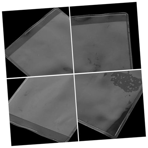 Black and white close-up of 50 pack waterproof card sleeves with transparent PVC and magnetic shielding protectors for trading cards.