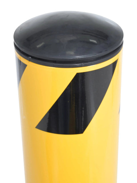 Real Deal Heavy Duty Steel Pipe Safety Bollard 36 Inches Tall Four Point Five Inch Wide Powder Coated Safety Yellow top view