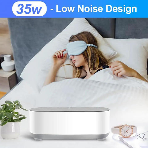 Makes Quick Work Of Hard Grime With This 45 Khz Professional Ultrasonic Jewelry Cleaner Featuring Smart Timer Settings And A Legit 360 Degree Deep Clean For Silver Gold Dentures Glasses Retainers And Daily Treasures positioned beside a woman wearing an eye mask in bed.