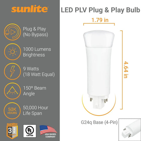 LED Plug And Play Light Bulb 9W Replacement For 26W CFL, G24q Base, Cool White 4000K, UL Listed, Energy Saving, with dimensions