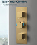 GRANDJOY 12" Ceiling Shower System with Handheld Spray, Brushed Gold control panel showcasing four function options.