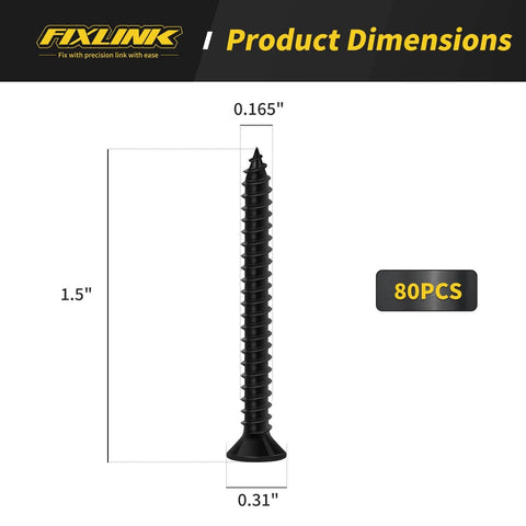 Flat Head Phillips Wood Screws Size Eight By One And A Half Inch, 80 Pack, Self Tapping Black Carbon Steel, Electrophoresis Black Finish
