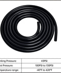 Coiled Go-To Heavy Duty Silicone Vacuum Tubing Kit Black 5 Ft 130 PSI Max, temperature and pressure details, FDA food grade hose.