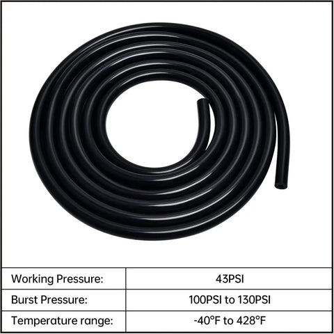 Coiled Go-To Heavy Duty Silicone Vacuum Tubing Kit Black 5 Ft 130 PSI Max, temperature and pressure details, FDA food grade hose.
