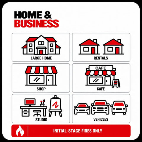 Home and business fire safety diagram showing large home, rentals, shop, cafe, studio, and vehicles for initial-stage fires.