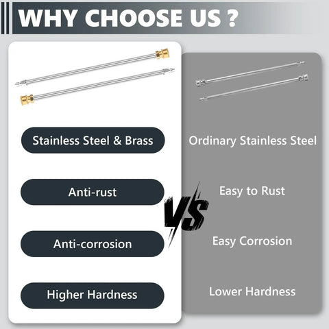 Comparison highlighting Two Pack 17 Inch Stainless Steel Pressure Washer Extension Wands with brass fittings vs ordinary stainless steel.