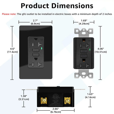 20 Amp GFCI Outlet Weather Resistant Receptacle Kit dimensions with screwless wall plate, ETL listed for kitchen, bathroom, and outdoor use.